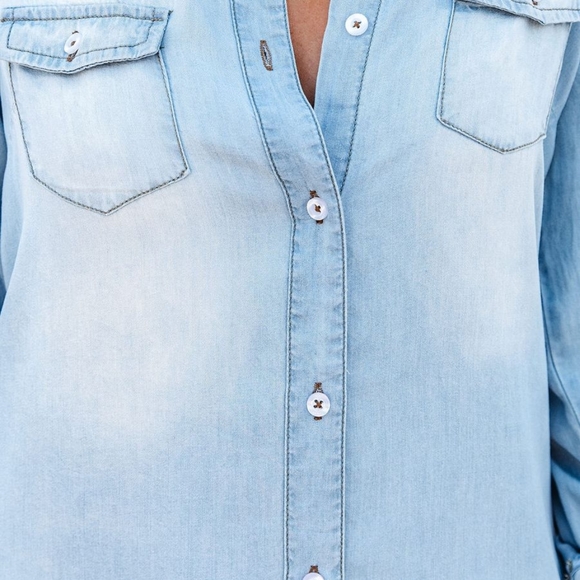 KIMMIE CHAMBRAY POCKETED BUTTON DOWN SHIRT DRESS - - Picture 5 of 11